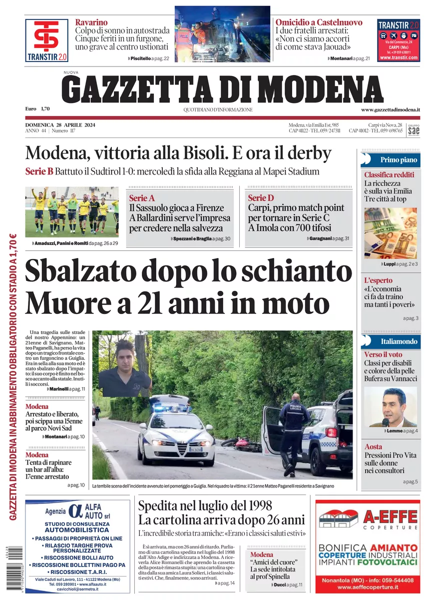 Prima-pagina-gazzetta di modena-oggi-edizione-del-2024-04-28